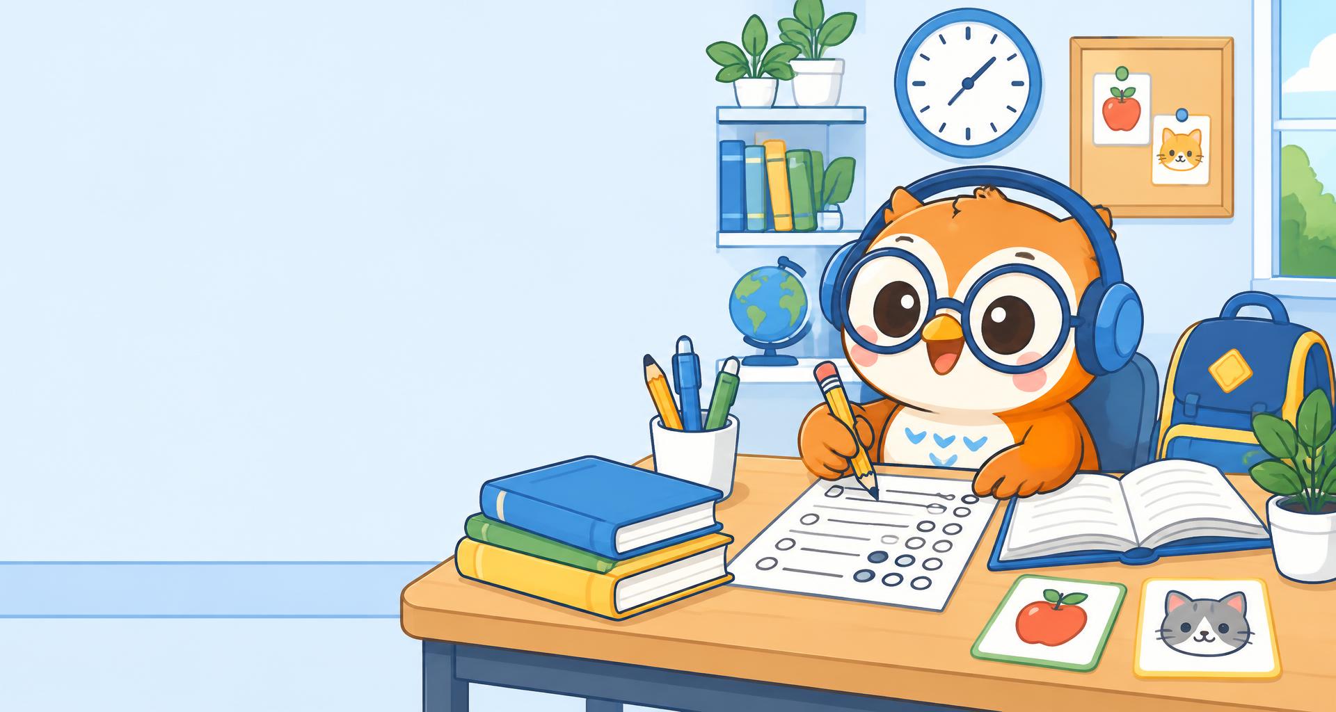 Original chibi owl practising an English exam at a classroom desk